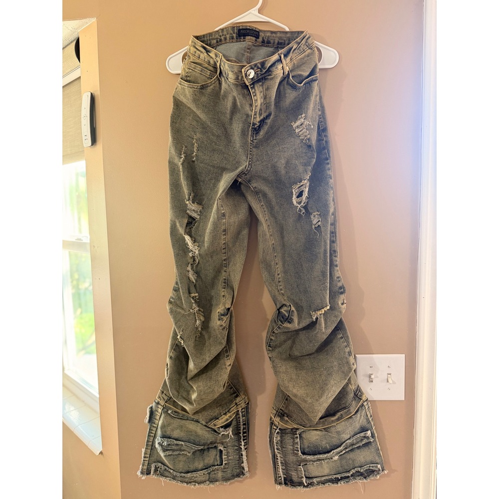 Rockstar Original Distressed Jeans Mens 32 Blue Denim Stacked Flare Streetwear